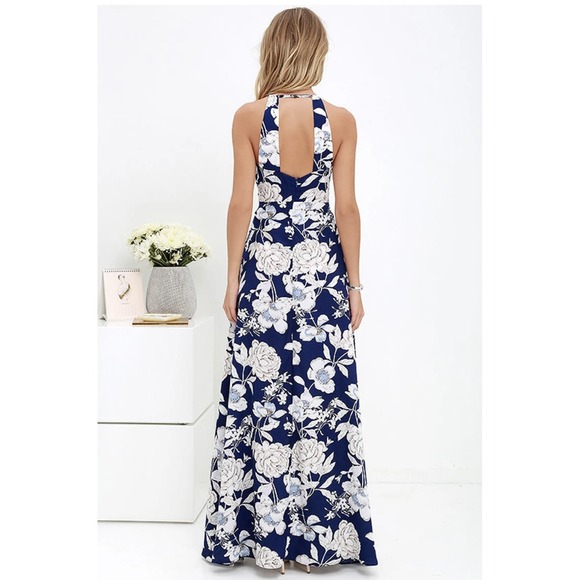 Lulus Dress Womens Small Blue Floral Halter‎ Maxi Open Back Summer In Blossom - Picture 2 of 11